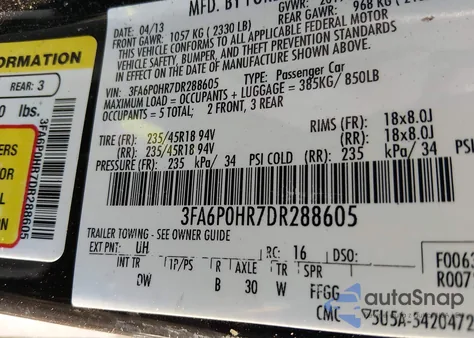 2013 Ford Fusion Se z USA, uszkodzony, nr VIN 3FA6P0HR7DR288605